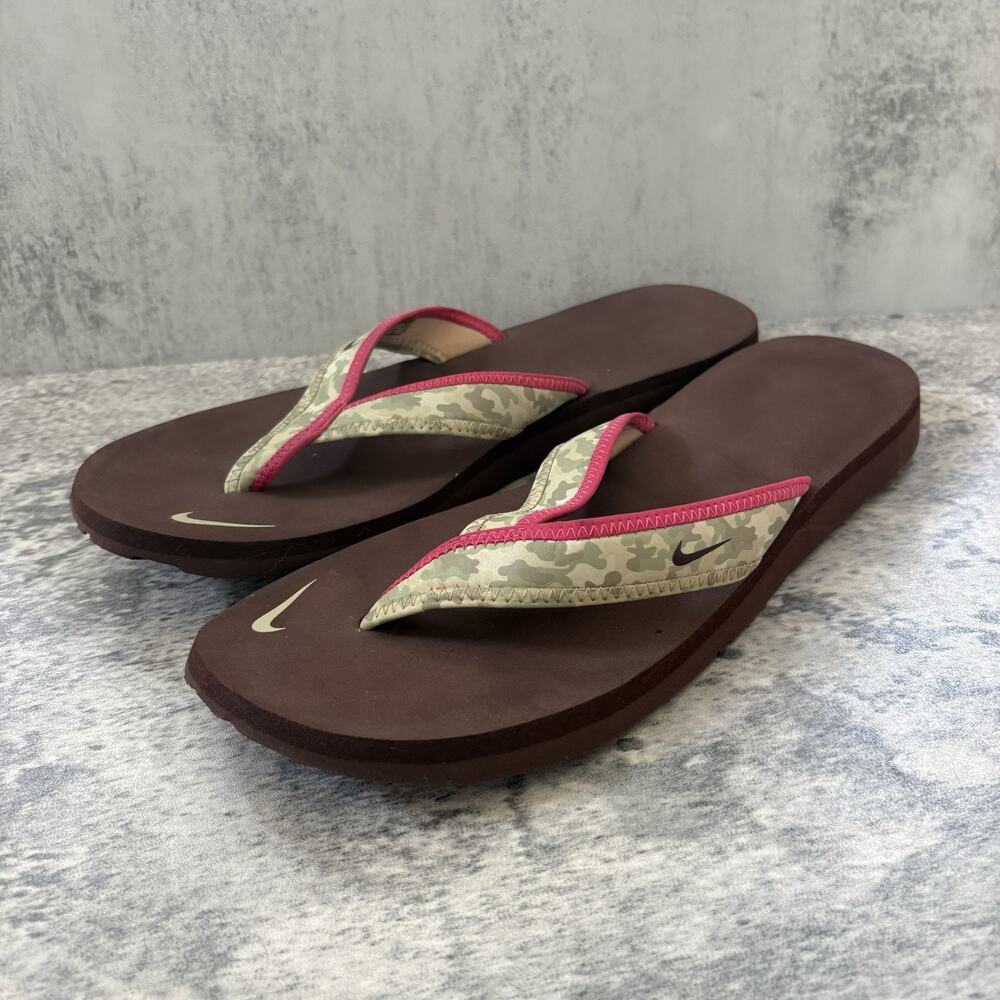 Vintage Nike Celso Thong Sandals Womens Size 10 Camo Pink Brown Y2K 314870-221